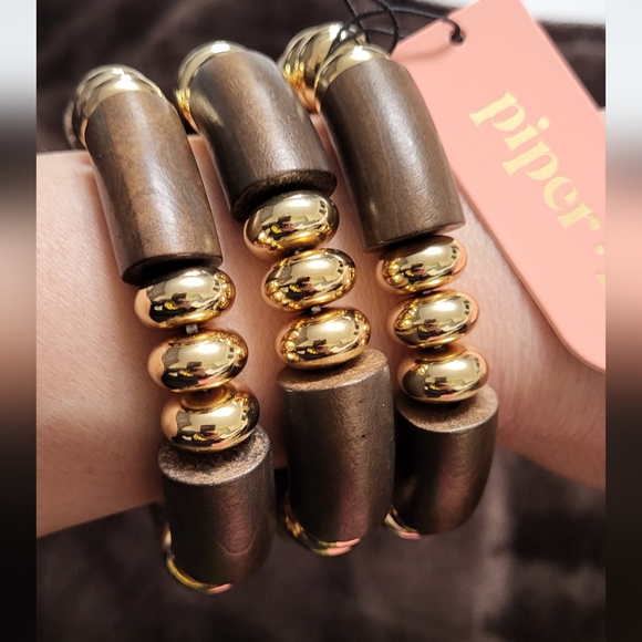 Piper K Set Of 3 Gold and Brown Statement Bracelet with Spherical Embellishments - Picture 3 of 13